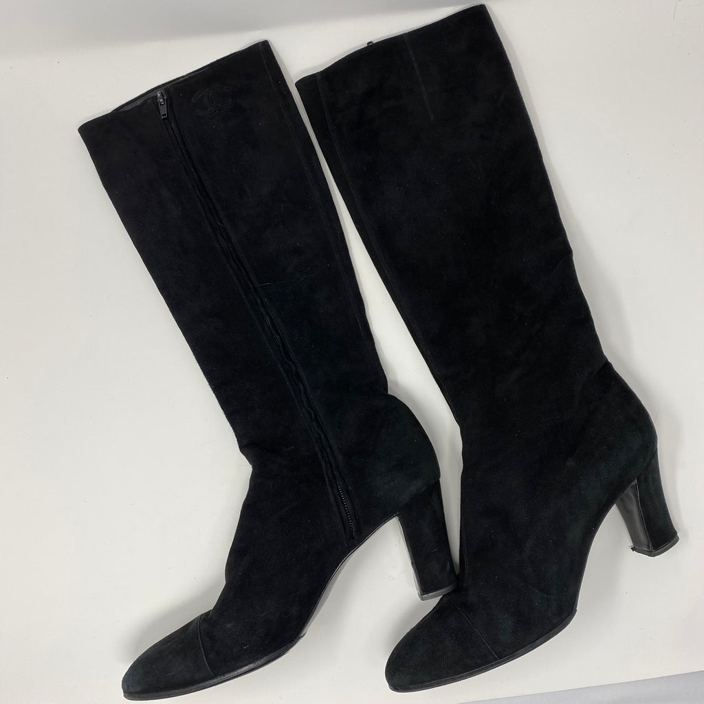 chanel suede knee high boots