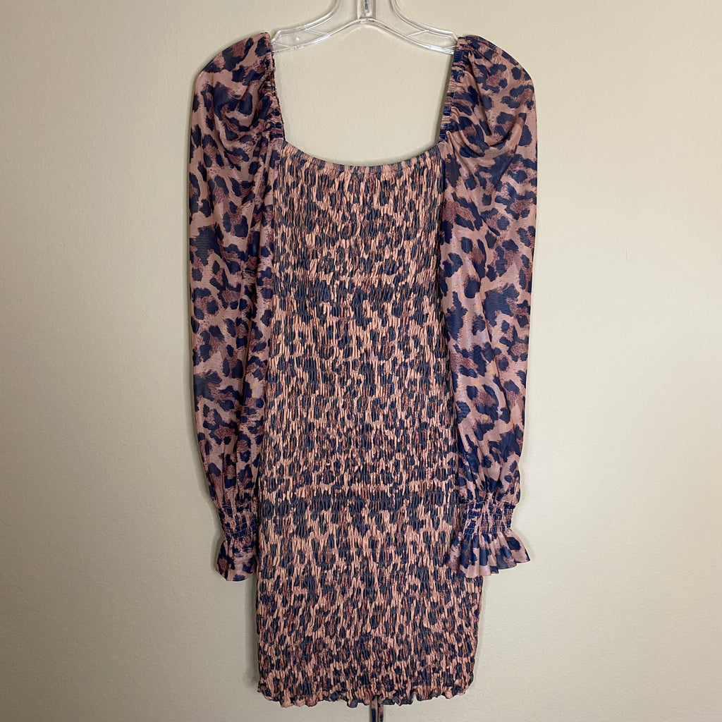 smocked mesh dress bebe puff sleeve smocked animal print mesh dress (new) – styling fabulous  consignment boutique