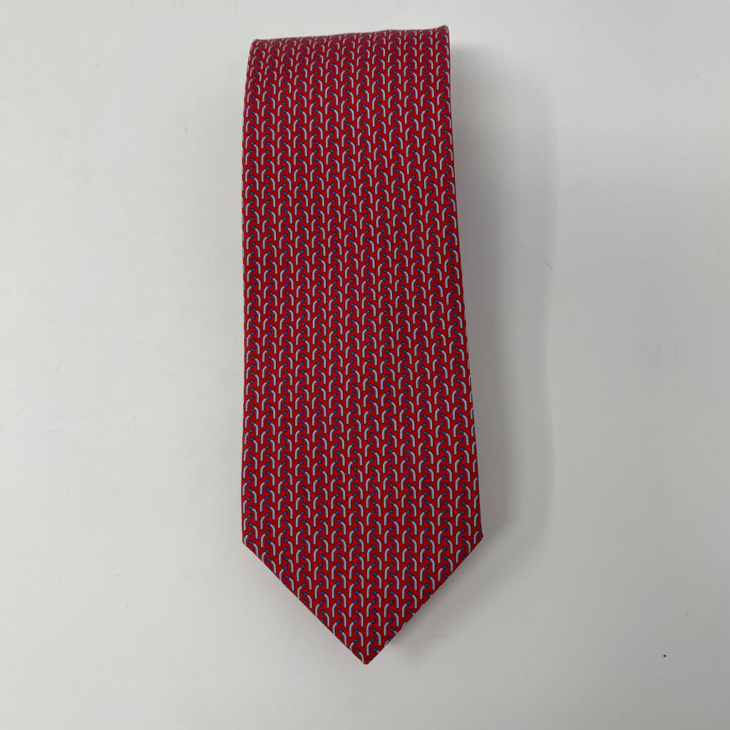 hermes red grey print silk neck tie (new)