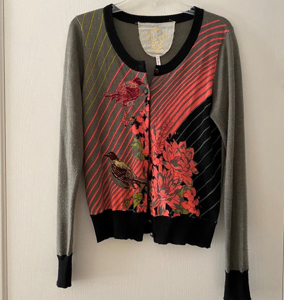 anthropologie knitted dove bird floral cardigan sweater styling fabulous consignment boutique