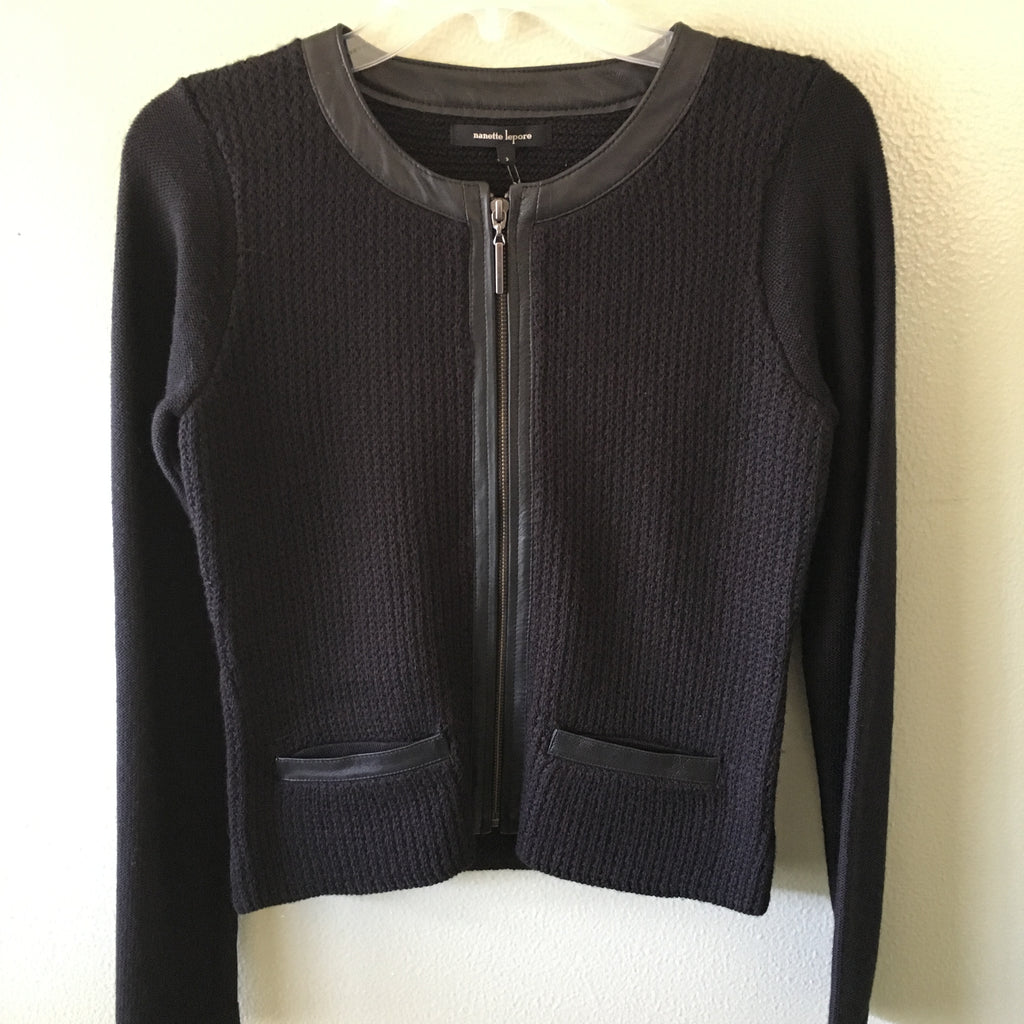 nanette lepore zippered cardigan sweater w/ leather trim (new)