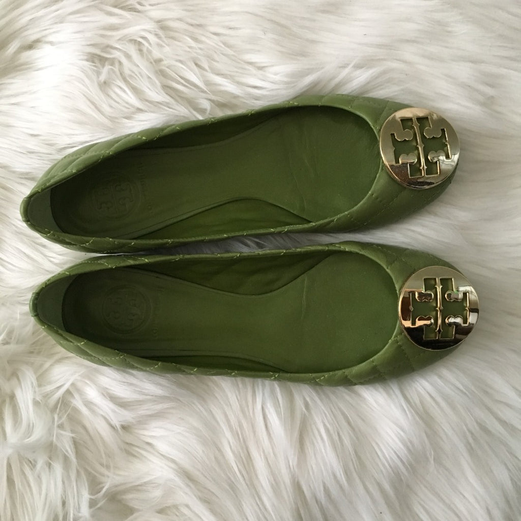 tory burch green reva quinn quilted ballet flats